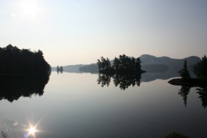 Early morning on a still lake.