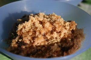 Oatmeal and brown sugar in a blue bowl in the sunshine.