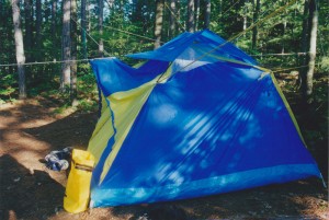 Tent using ropes tied to trees instead of tent poles