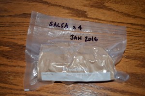 Dehydrated salsa in a vacuum sealed package