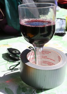 Duct tape to steady a wine glass.