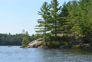 Canoe, rock island, trees, blue sky