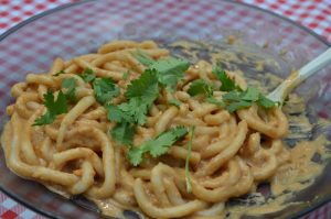 Udon noodles with peanut sauce.