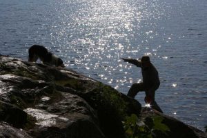 dog and man on rocks by lake in the sun