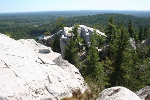 two white rocks, with trees in distance