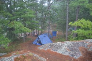 Blue tents in the mist