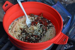 pasta in a red pot