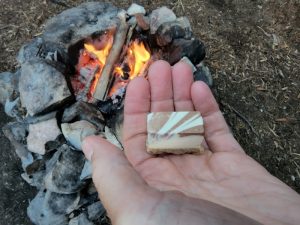 Cheesecake bite beside the fire