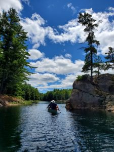 Canoe beside rocks and trees